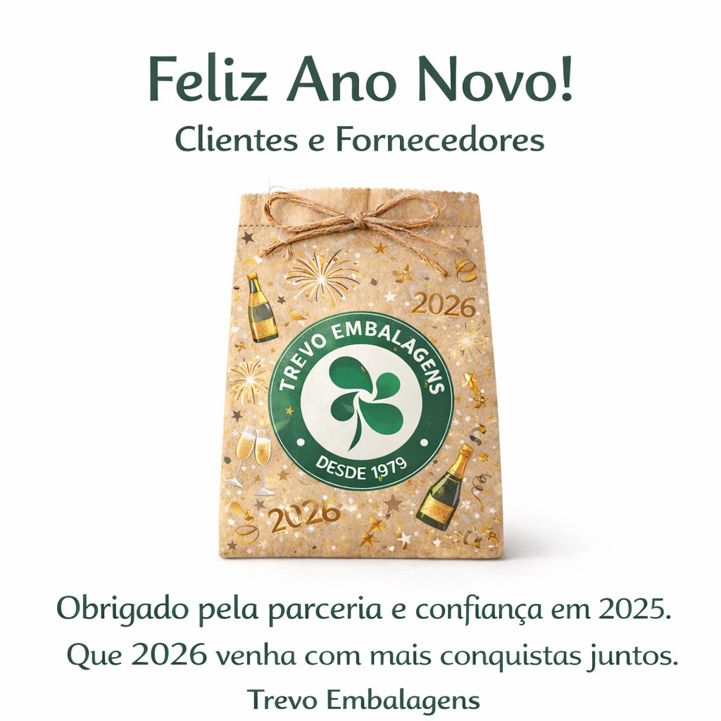 Feliz Ano Novo! Clientes e Fornecedores

2025 foi um ano gigante — e muito disso tem a ver com a parceria e a confiança de vocês.
Em 2026, vamos mais longe ainda.

Teremos a chegada de novos equipamentos e seguiremos firmes no nosso plano de reduzir cada vez mais o lead time, ganhando velocidade e previsibilidade na produção e na logística, para atender melhor e com mais consistência.

Que 2026 traga saúde, paz e novas conquistas para todos nós — juntos, cada vez melhor.

Trevo Embalagens
